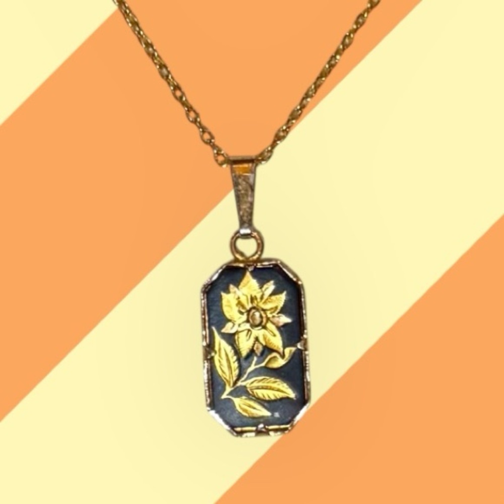 Vintage Gold and Black Floral silhouette Pendant Necklace